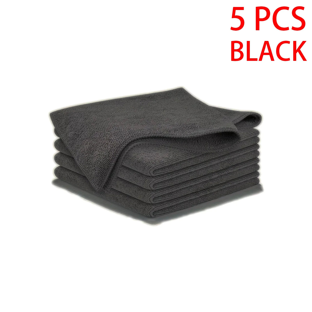 A stack of five black ultra-fine microfiber cleaning cloths.