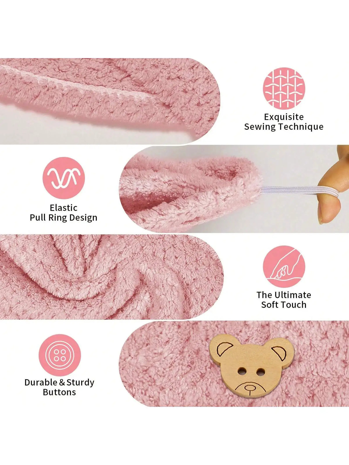 Pink microfiber hair towel wrap featuring an elastic pull ring design and durable buttons.