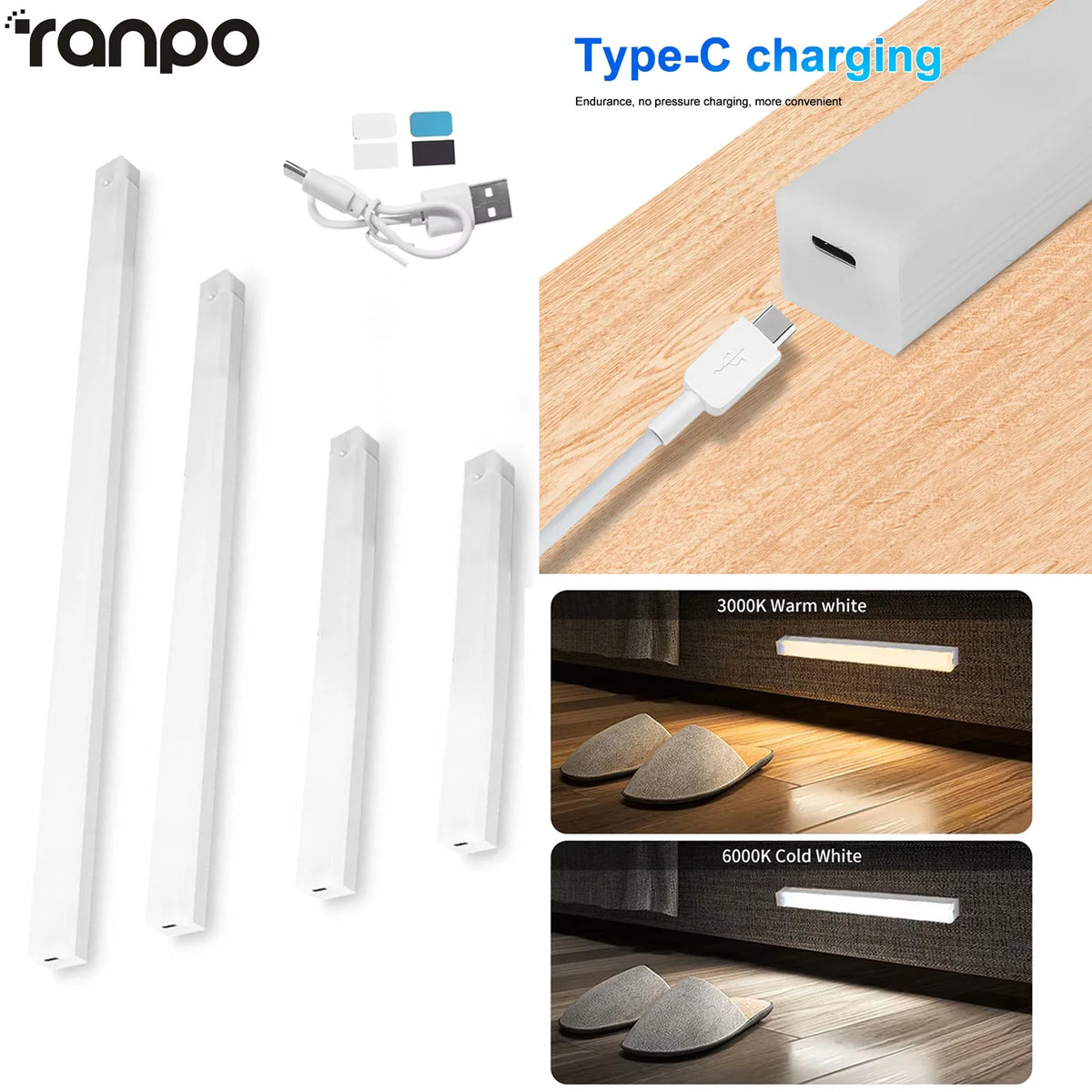 White motion-activated LED cabinet light with Type-C charging cable and warm and cold white options