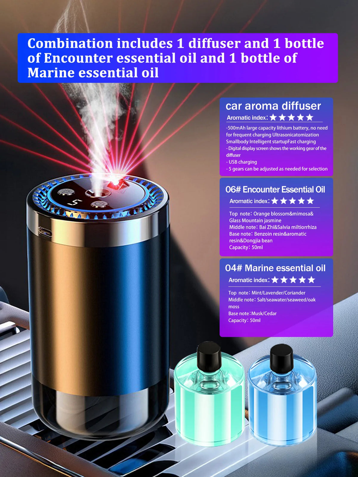 Un kit de diffuseur d'arôme pour voiture et flacons d'huiles essentielles sur une console moderne.