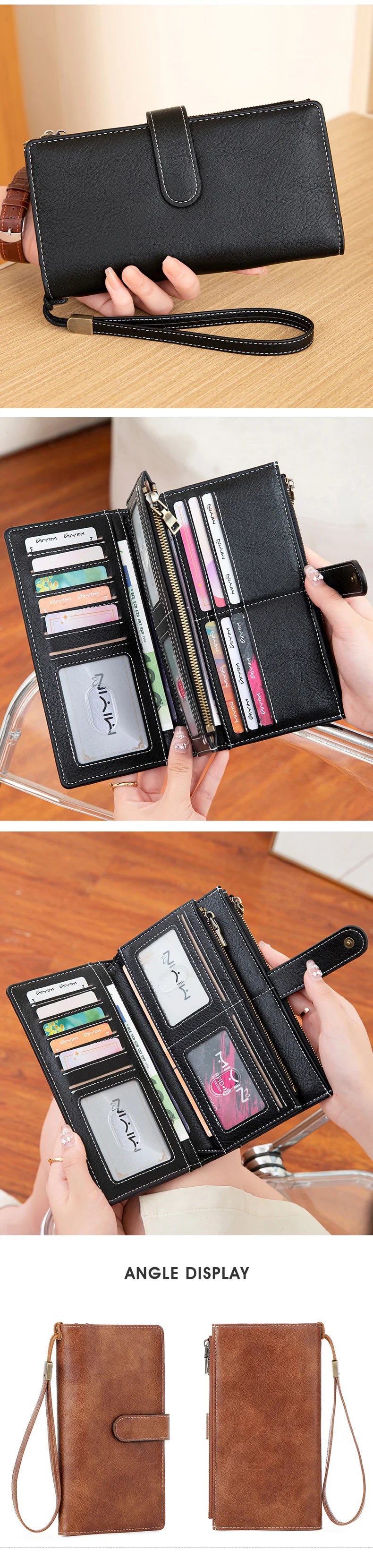Vintage RFID-Blocking Long Wallet with Wristlet Strap