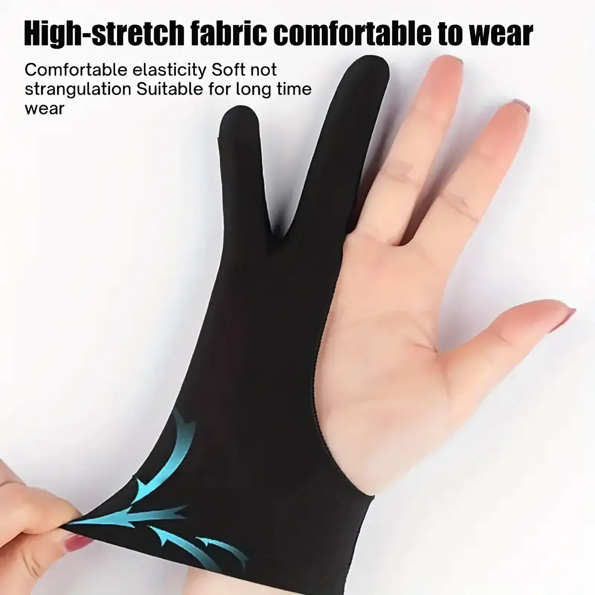 Black two-finger anti-touch drawing gloves shown on a hand, highlighting the fabric and design.