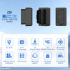 Black D9 GPS tracker device and various features displayed on a smartphone screen.