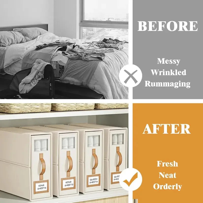 Before and after comparison showing messy wrinkled rummaging versus fresh neat orderly folded bedding storage boxes.