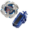 A Beyblade starter set featuring a silver gyroscope, a red and blue dragon emblem, and a blue launcher.