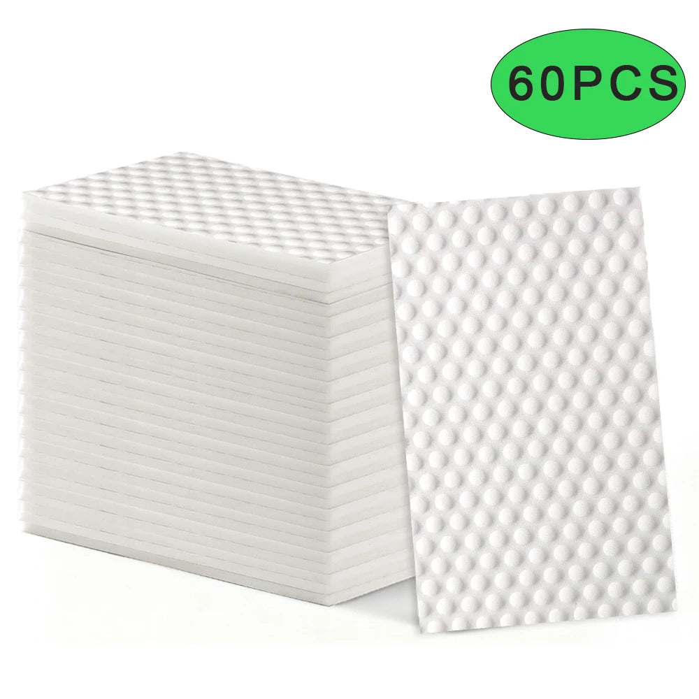 A stack of 60 white convex point magic eraser sponges for deep cleaning.