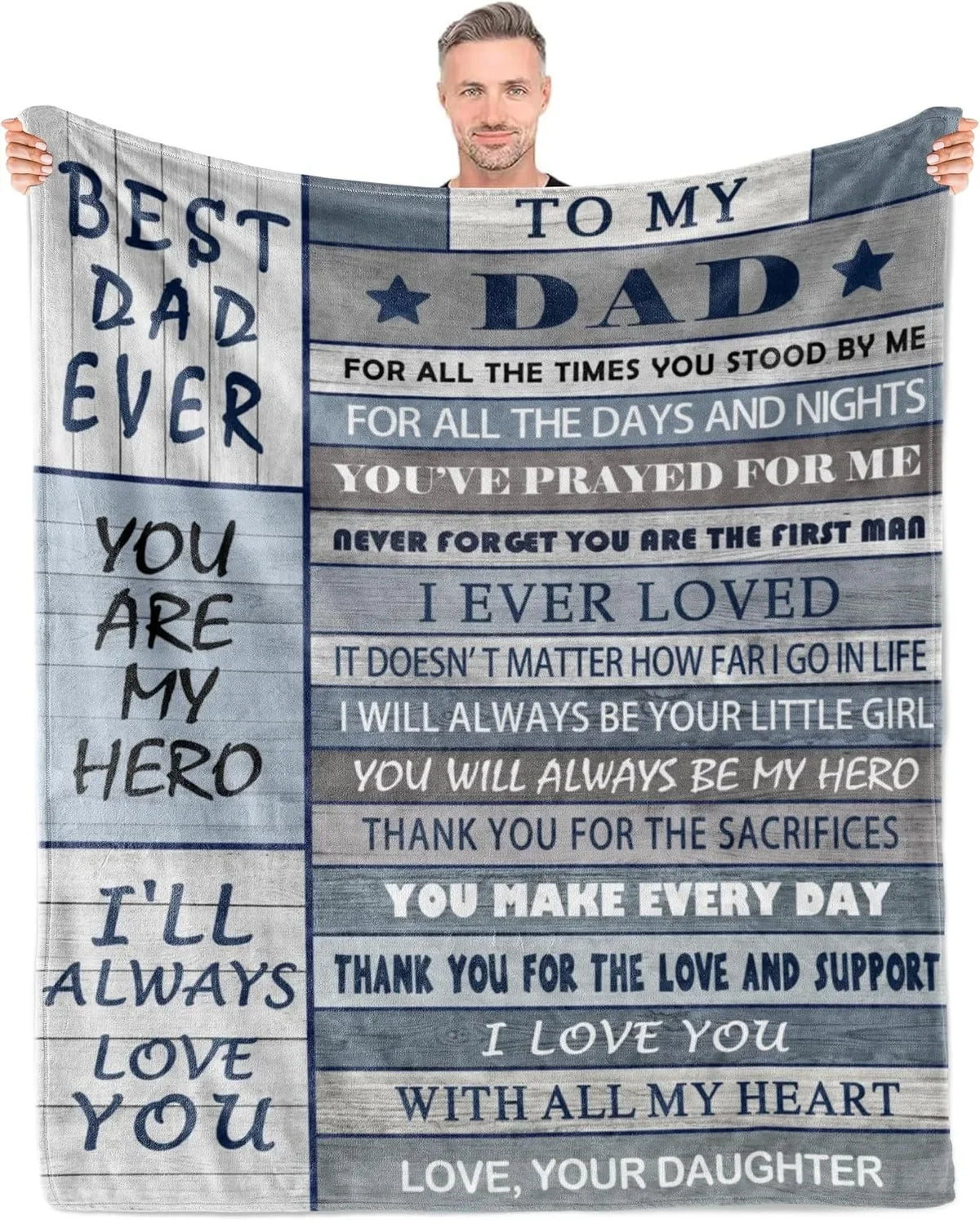 A gray fleece throw blanket with text dedicated to a father, including messages of love and gratitude.