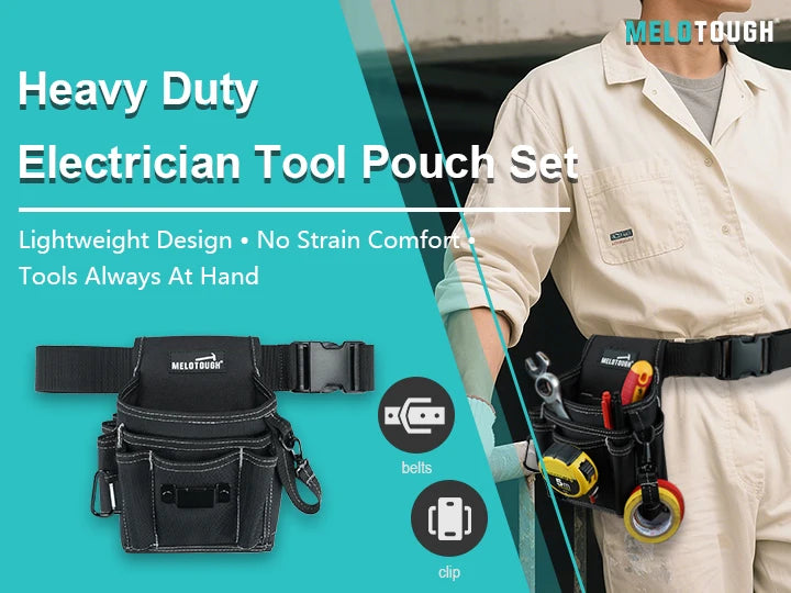 A person wearing a light-colored shirt holds a black tool pouch set designed for electricians and contractors.
