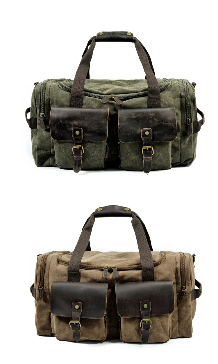 A dark olive green canvas duffel bag with brown leather pockets and handles.