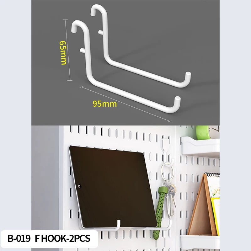 A pair of white desktop pegboard hooks with 65mm and 95mm lengths shown against a gray background.