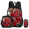 A black backpack featuring a collage of football players in red jerseys.