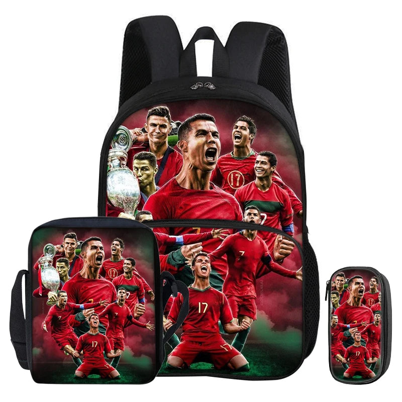A black backpack featuring a collage of football players in red jerseys.