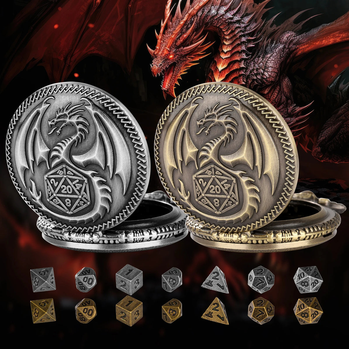 A silver dragon-themed pocket watch case and gold dice set with various metal polyhedral dice.