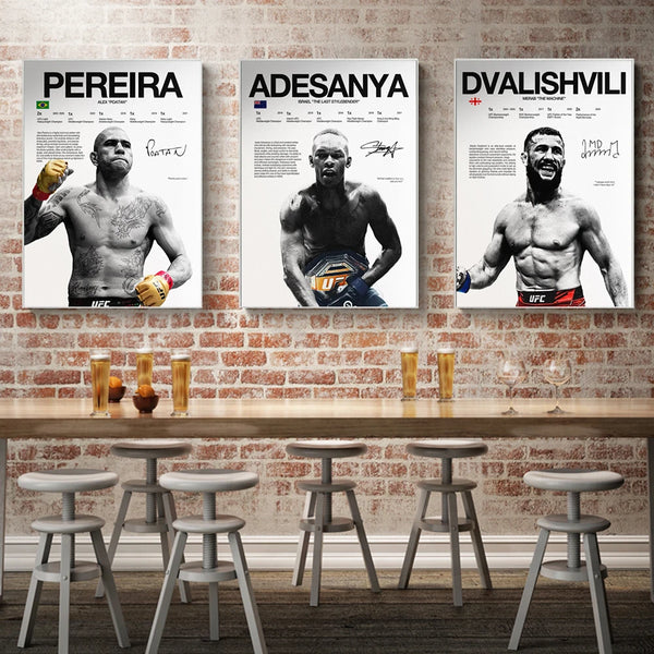 Three framed canvas posters featuring UFC fighters Pereira, Adesanya, and Dvalishvili on a brick wall.