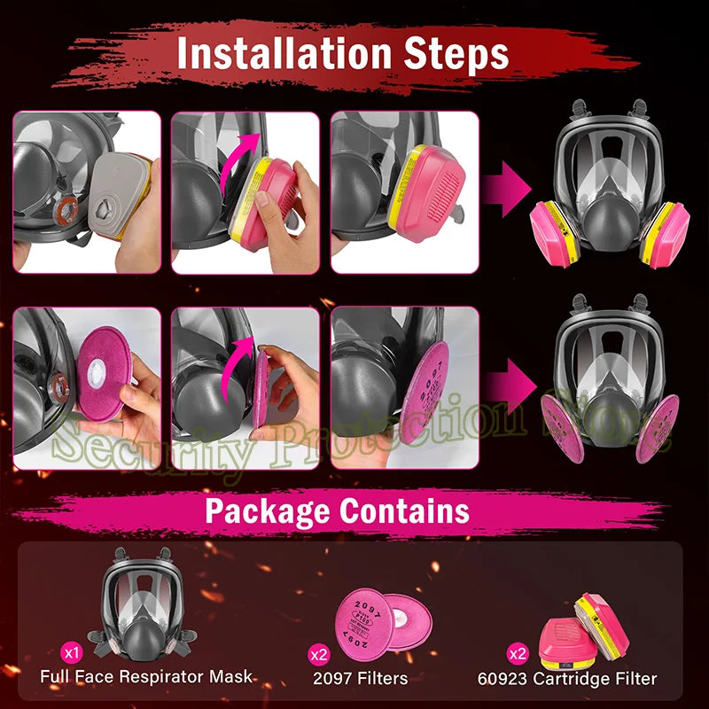Installation steps and package contents for a full face respirator mask including filters and cartridge filter