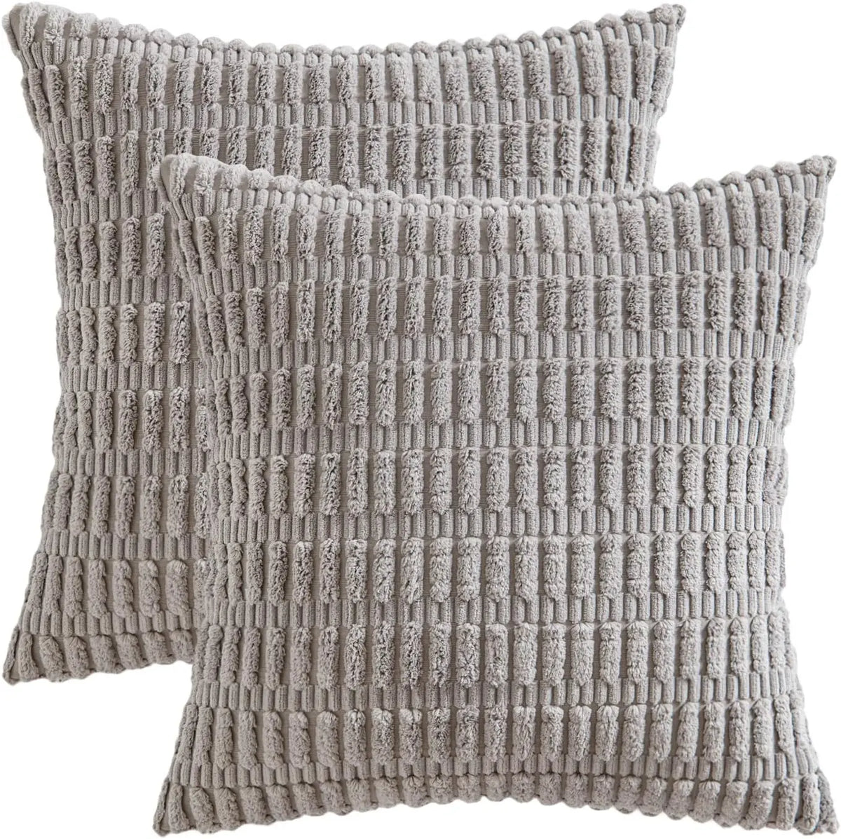 A set of two gray corduroy throw pillow covers with a textured, vertical ribbed pattern.