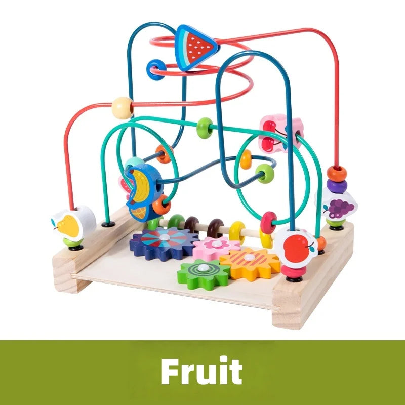 A wooden bead maze roller coaster toy featuring colorful beads and an abacus counter.