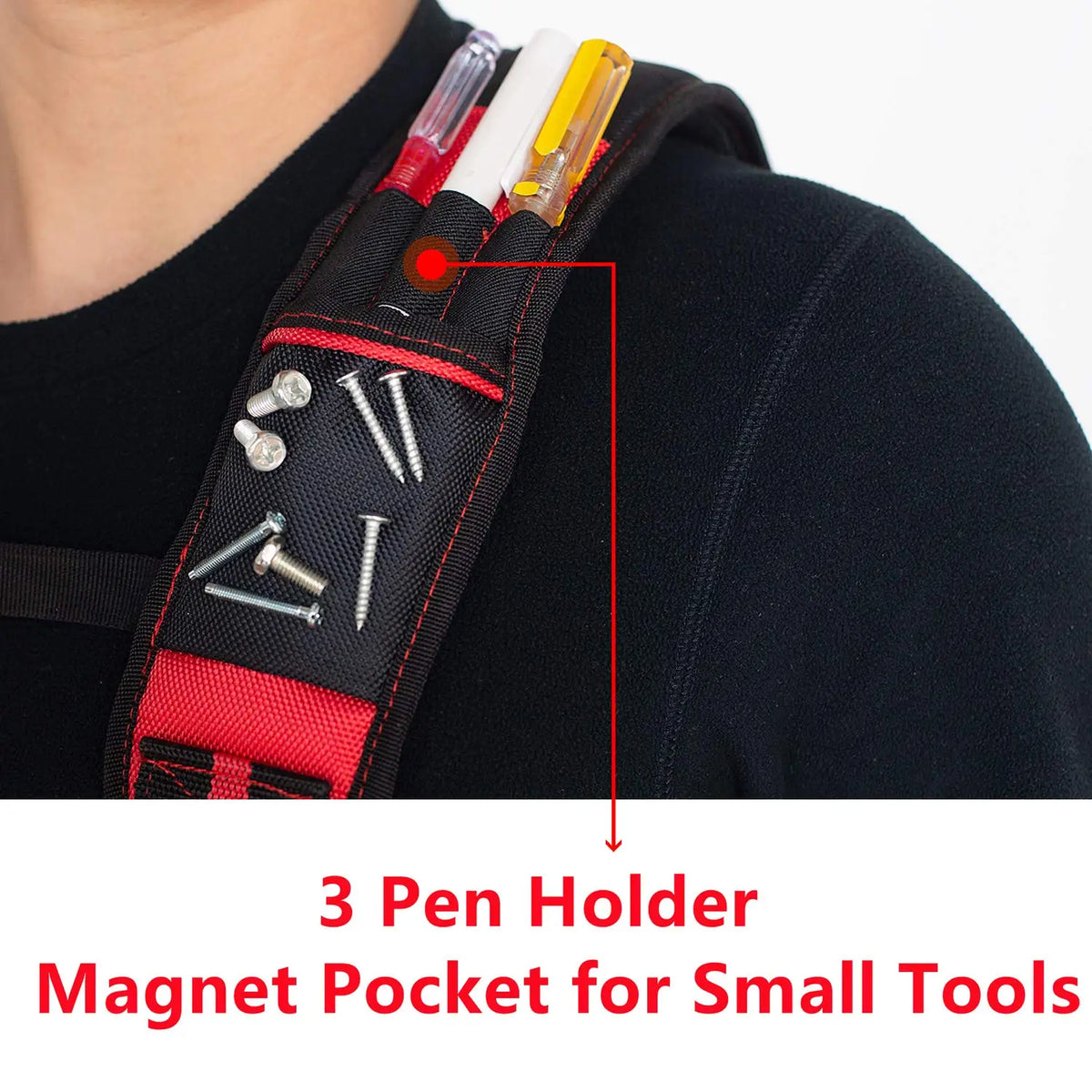 A close-up of a red tool belt with a magnetic pocket holding three pens and small tools.