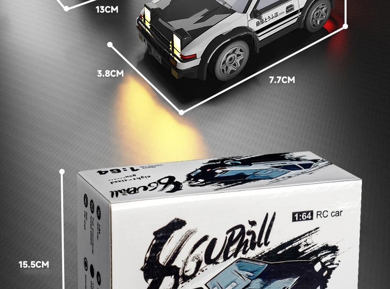 A box for a 1:64 RC car featuring a black and white drift vehicle model.