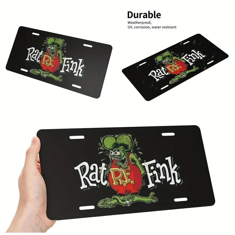 Black aluminum license plate sign featuring a vintage Rat Fink design with red and green accents.