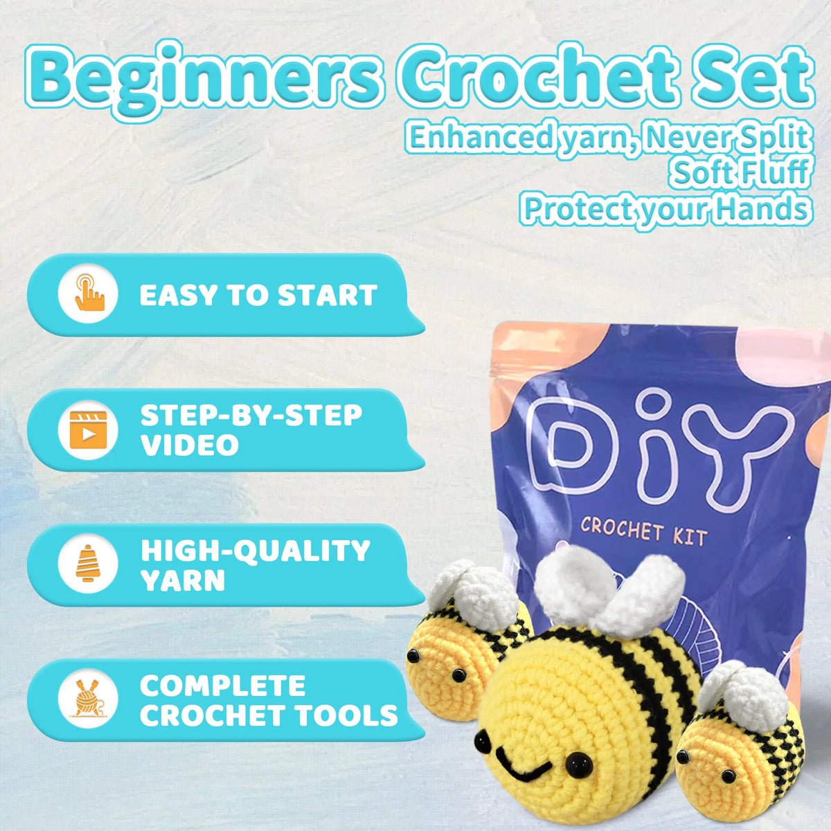 A purple bag of beginner crochet yarn and tools with a yellow crocheted bee toy.