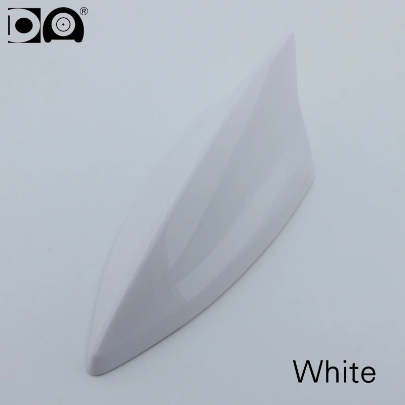 A white 5D shark fin car antenna for FM/AM signal reception.