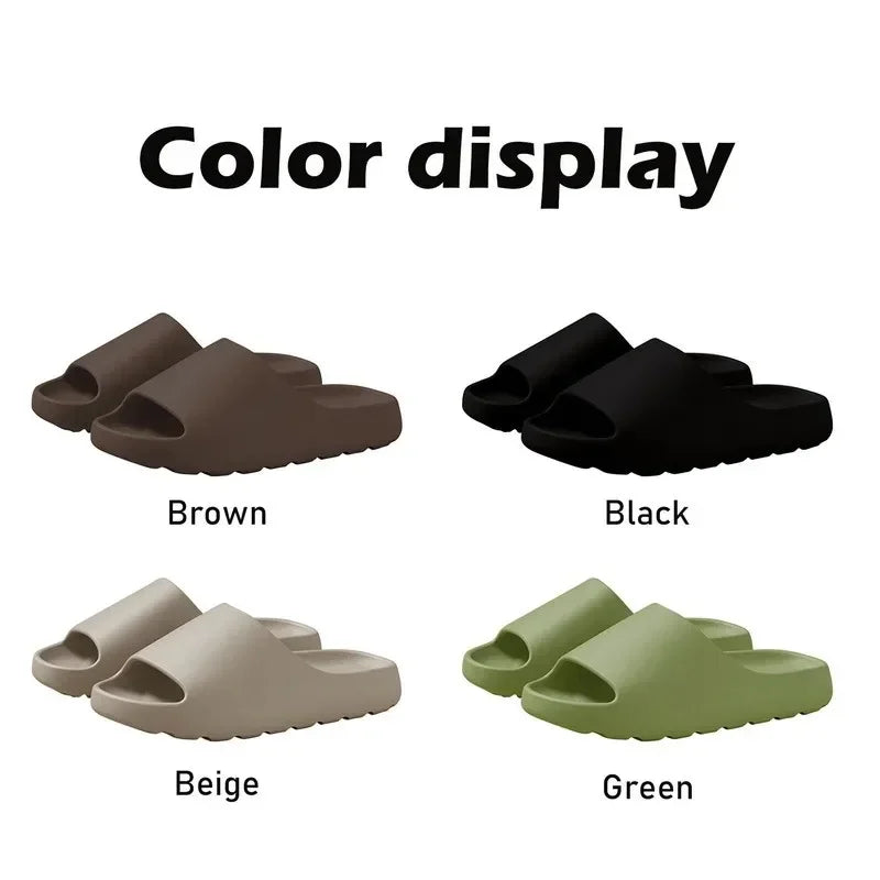 A display of Cloud Thick-Soled EVA slides in brown, black, beige, and green colors.