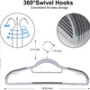 A white plastic hanger with a 360 degree swivel hook is shown, demonstrating easy storage.