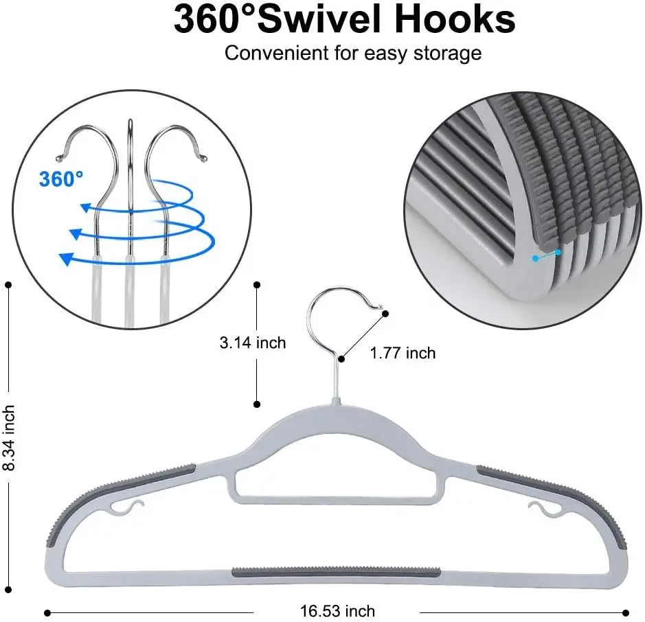 A white plastic hanger with a 360 degree swivel hook is shown, demonstrating easy storage.