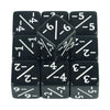 A set of black acrylic D6 counter dice arranged in a grid.