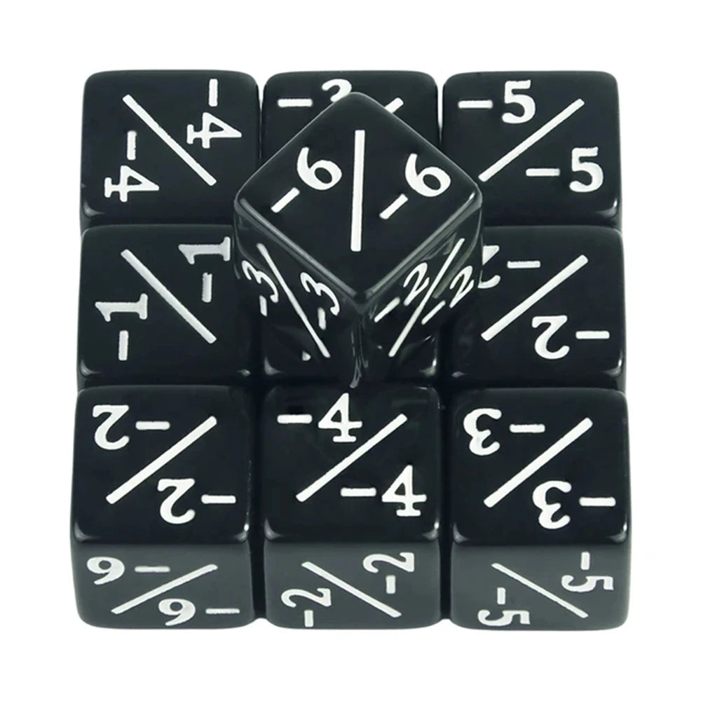 A set of black acrylic D6 counter dice arranged in a grid.
