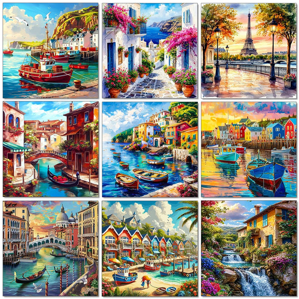 Collage de peintures de paysages montrant des villes côtières colorées, des bateaux et des paysages naturels.