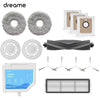 Replacement parts kit for a Dreame robot vacuum cleaner showing various components like brushes and cleaning heads.