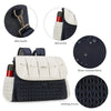 A navy and cream waterproof diaper bag featuring a quilted front, side pockets, and adjustable straps.
