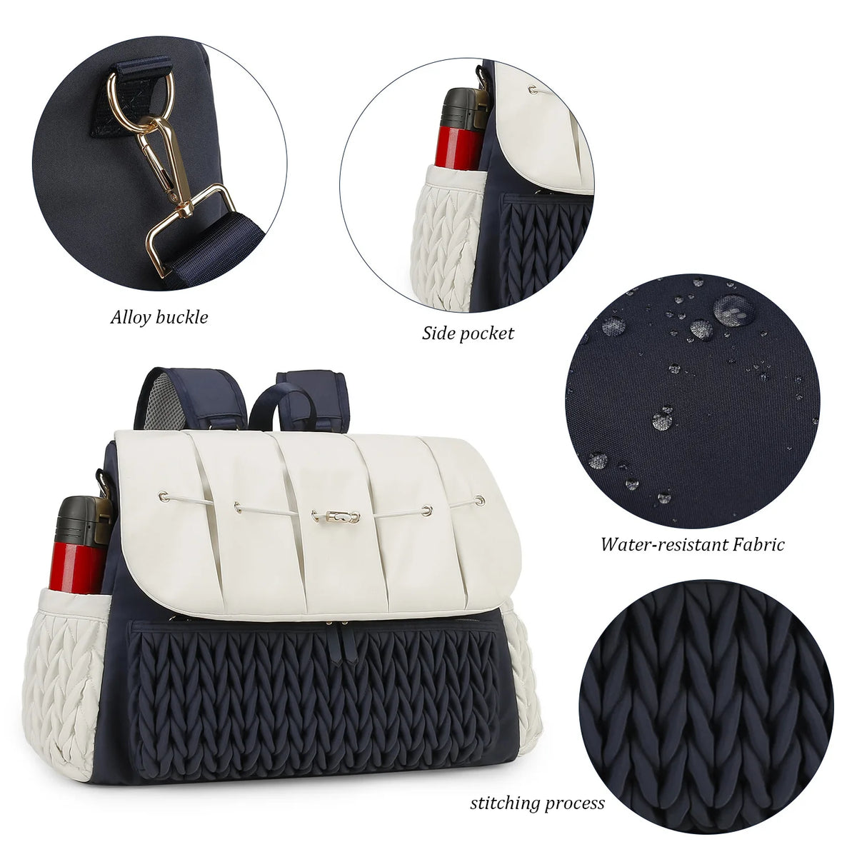 A navy and cream waterproof diaper bag featuring a quilted front, side pockets, and adjustable straps.