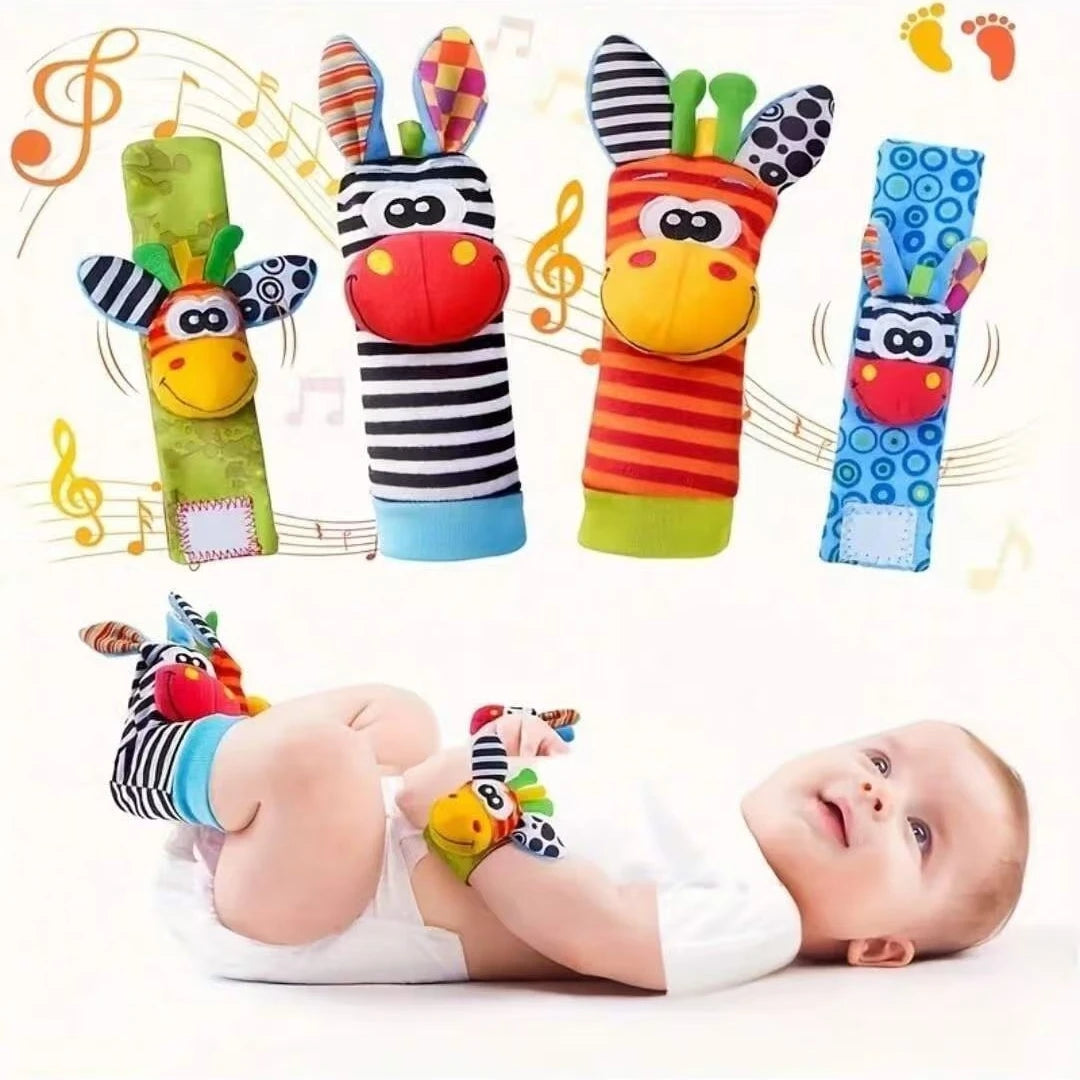 A set of colorful baby rattle socks and teether booties with sensory toys displayed next to a baby.
