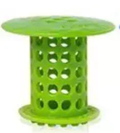 A bright green flexible hair catcher drain cover for sinks and tubs.