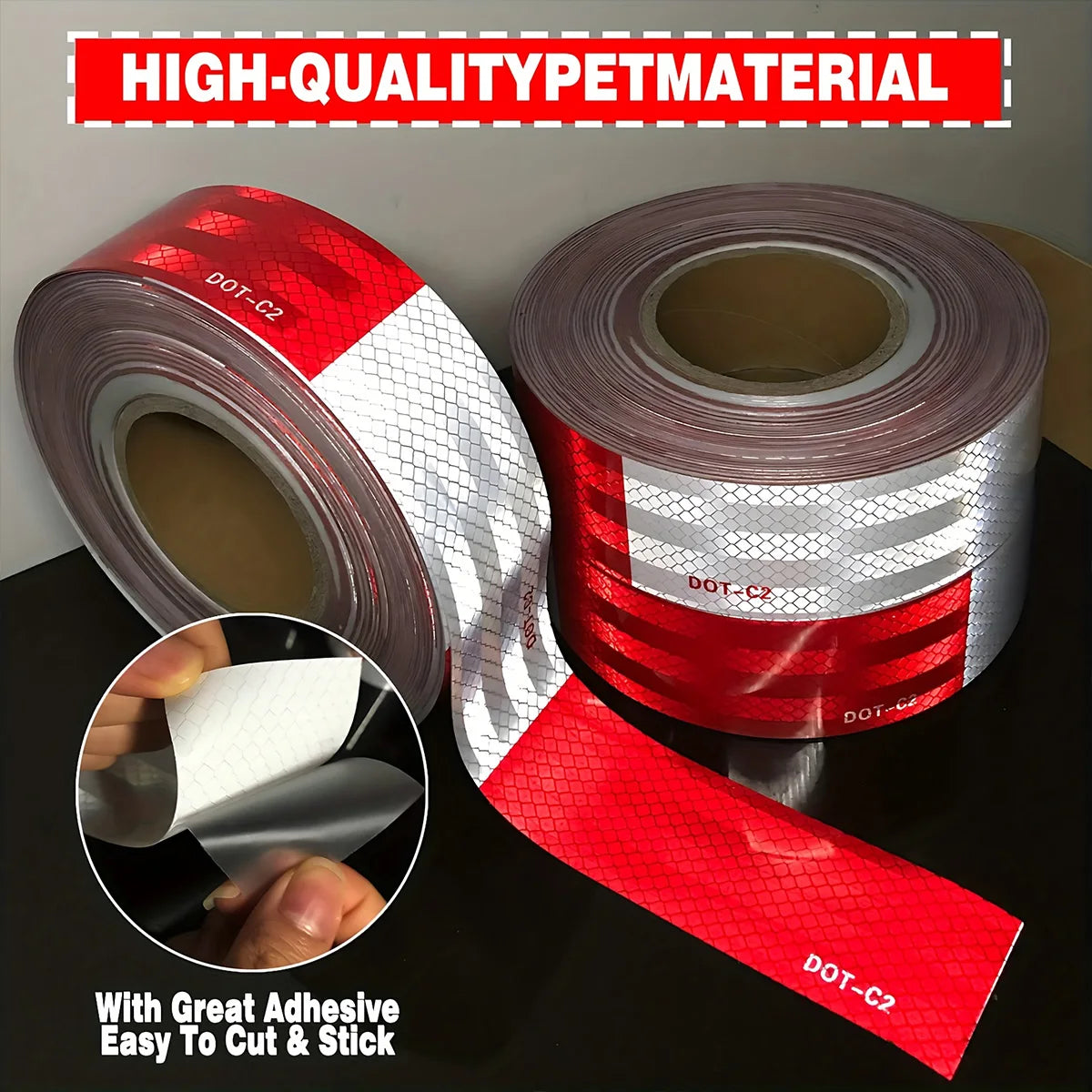 Rolls of DOT-C2 reflective safety tape in red and silver, showing a piece being cut.