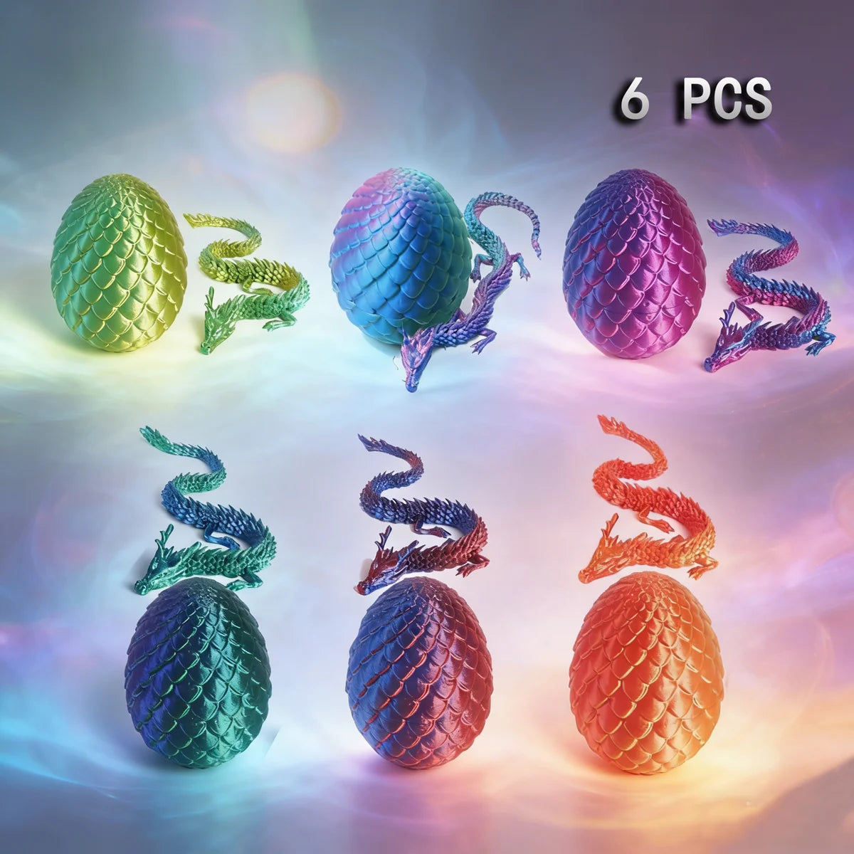 Six colorful 3D printed dragon egg and figurine set featuring green, blue, purple, and orange textures.