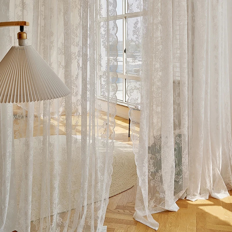 French Lace Sheer Curtains - White Tulle Voile Drapes for Bedroom & Living Room