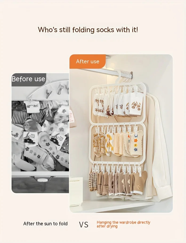 A comparison showing laundry folding methods: before using a multi-clip rack and hanging directly after drying.