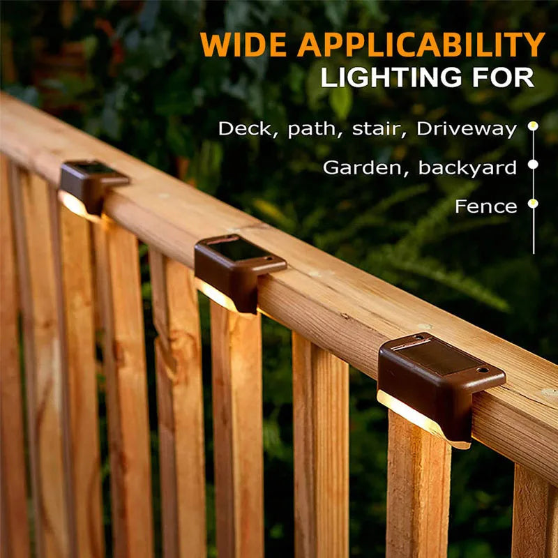 A close-up of a solar deck light fixture mounted on a wooden railing, highlighting its wide applicability for outdoor lightin