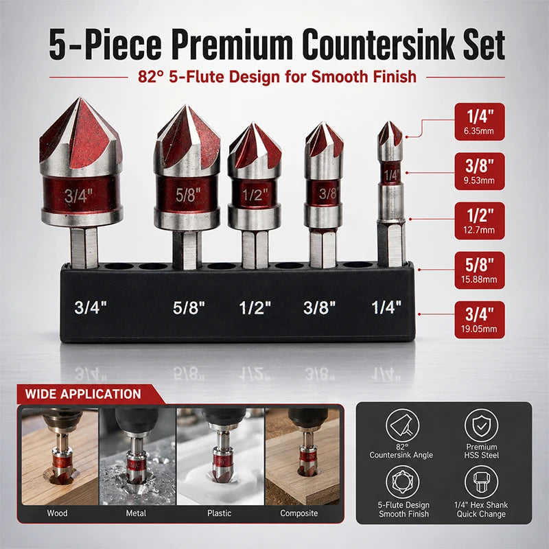 Self-Centering Countersink Drill Bit Set with Pilot Hole