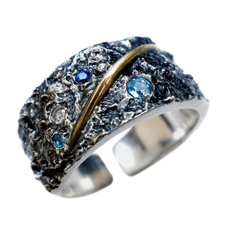 Starry Sky Blue Gemstone Ring with Silver Plating