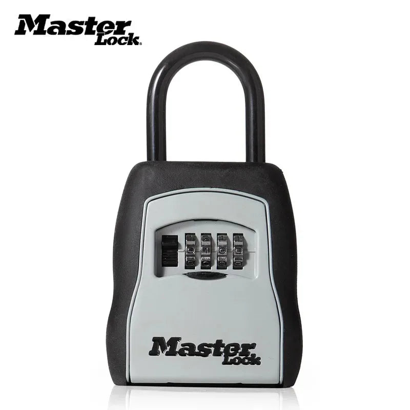 A black portable combination key safe with a silver lock and a black handle.
