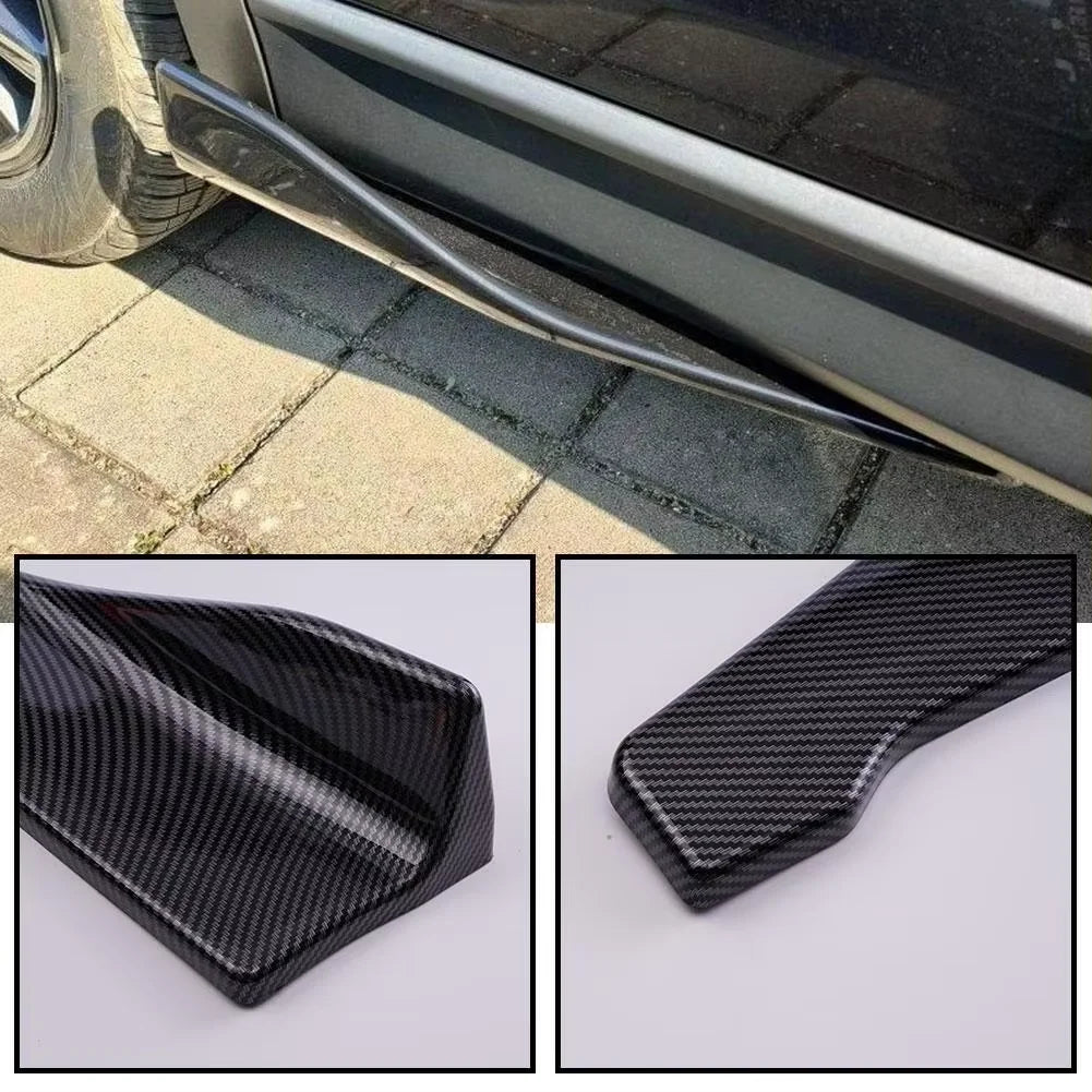 Close-up view of a black carbon fiber car bumper lip diffuser splitter for sport styling and scratch protection