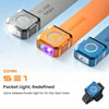 A set of Sofirn SE1 pocket flashlights in silver, orange, and blue colors displayed on a light blue background.
