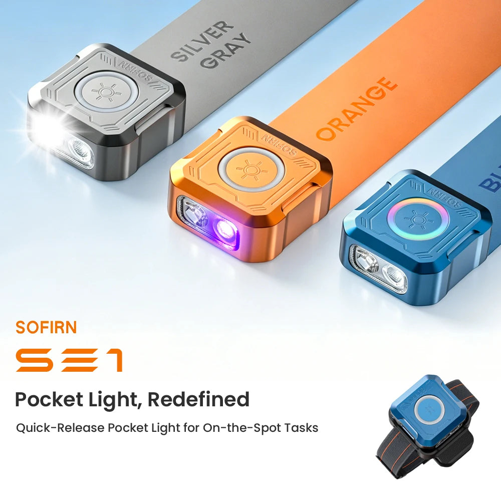 A set of Sofirn SE1 pocket flashlights in silver, orange, and blue colors displayed on a light blue background.