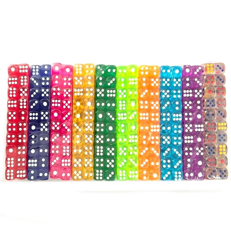 A set of 100 transparent acrylic D6 dice in various bright colors arranged in a row.