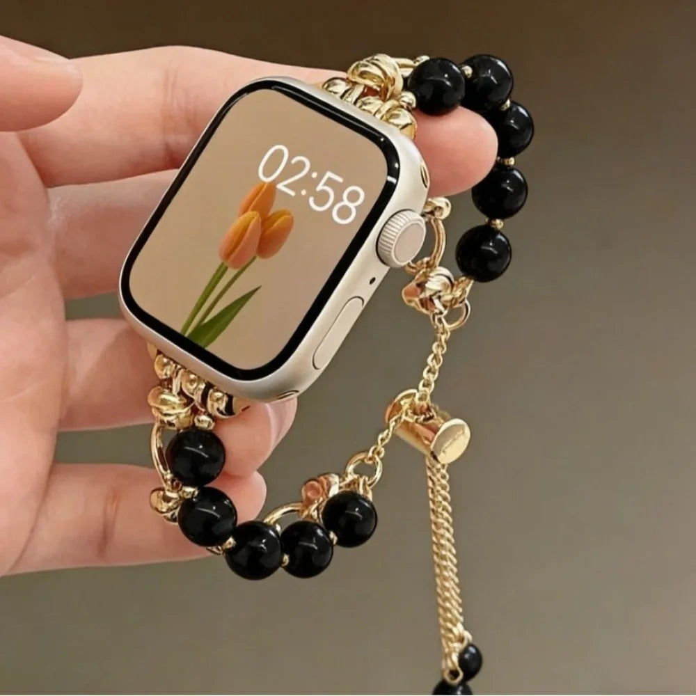 Crystal Bead Watch Strap with Adjustable Metal Link Design